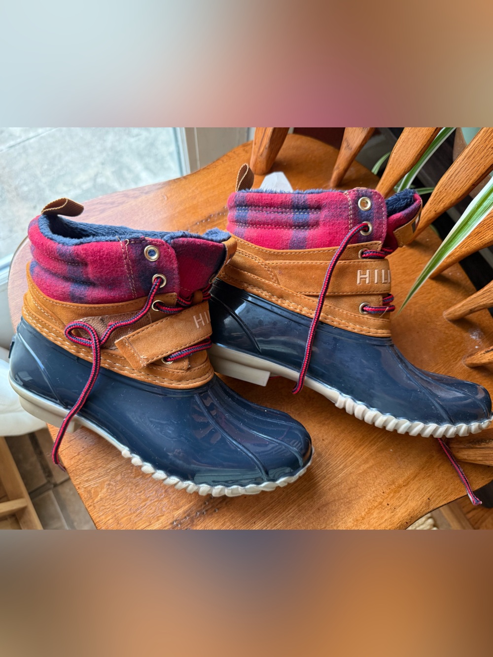 Tommy Hilfiger Navy and Red Plaid Rain Boots